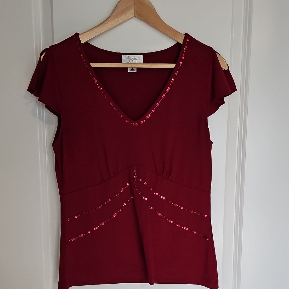 LOFT Red Cap Sleeve Embellished Blouse